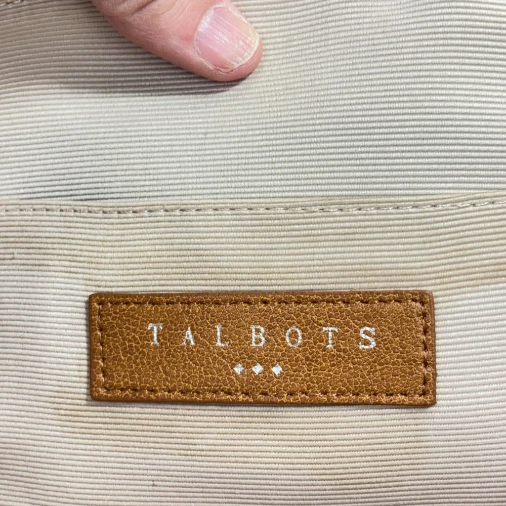 Talbots Multi Color Striped Canvas Tote Bag Leather Trim Navy Tan Pink Green